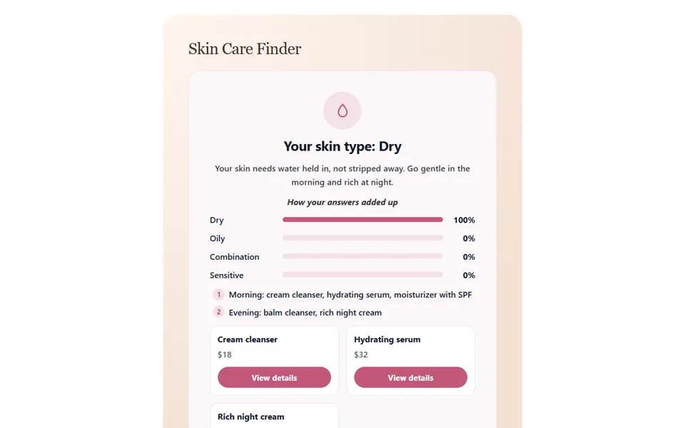 Skin Care Finder form in Echo Forms