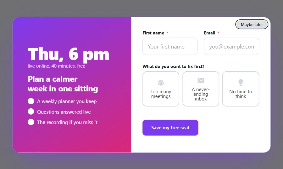 Workshop Sign-up form in Echo Forms
