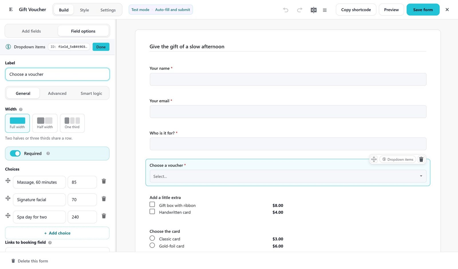 The Echo Forms builder with a gift voucher form open, and its priced dropdown set up beside it