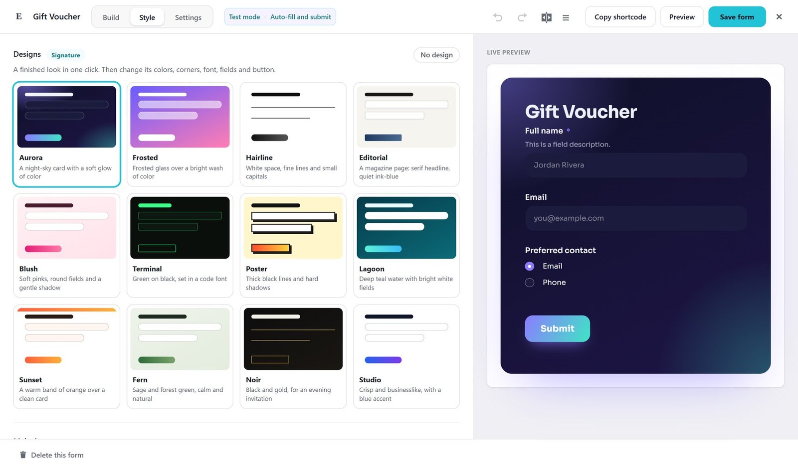 The Style tab: twelve finished designs, their tweaks and a live preview of the form