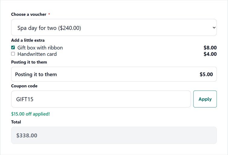 A gift voucher form with an extra, postage, a coupon applied and the total